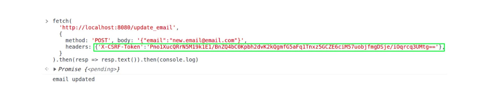 The client processes the response, receives the X-Csrf-Token header, and sends it on subsequent requests, for example, when changing mail: