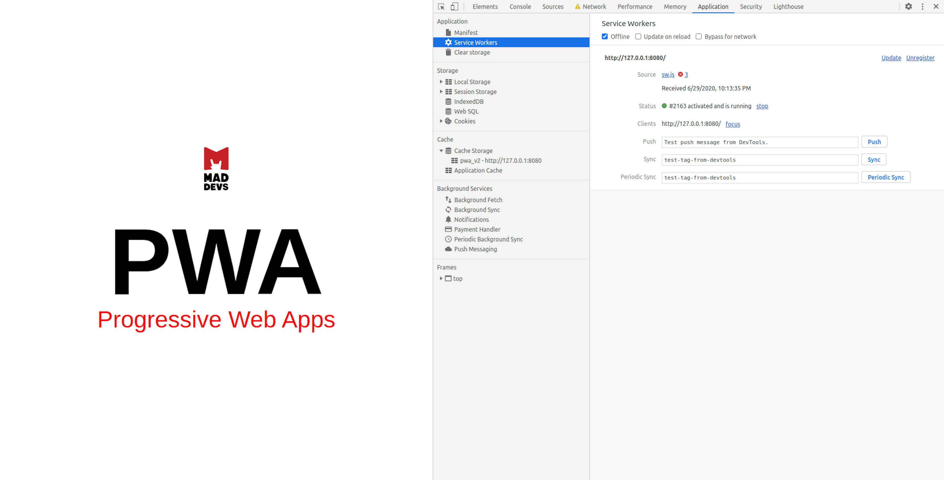 Service Workers on Chrome Dev Tools.