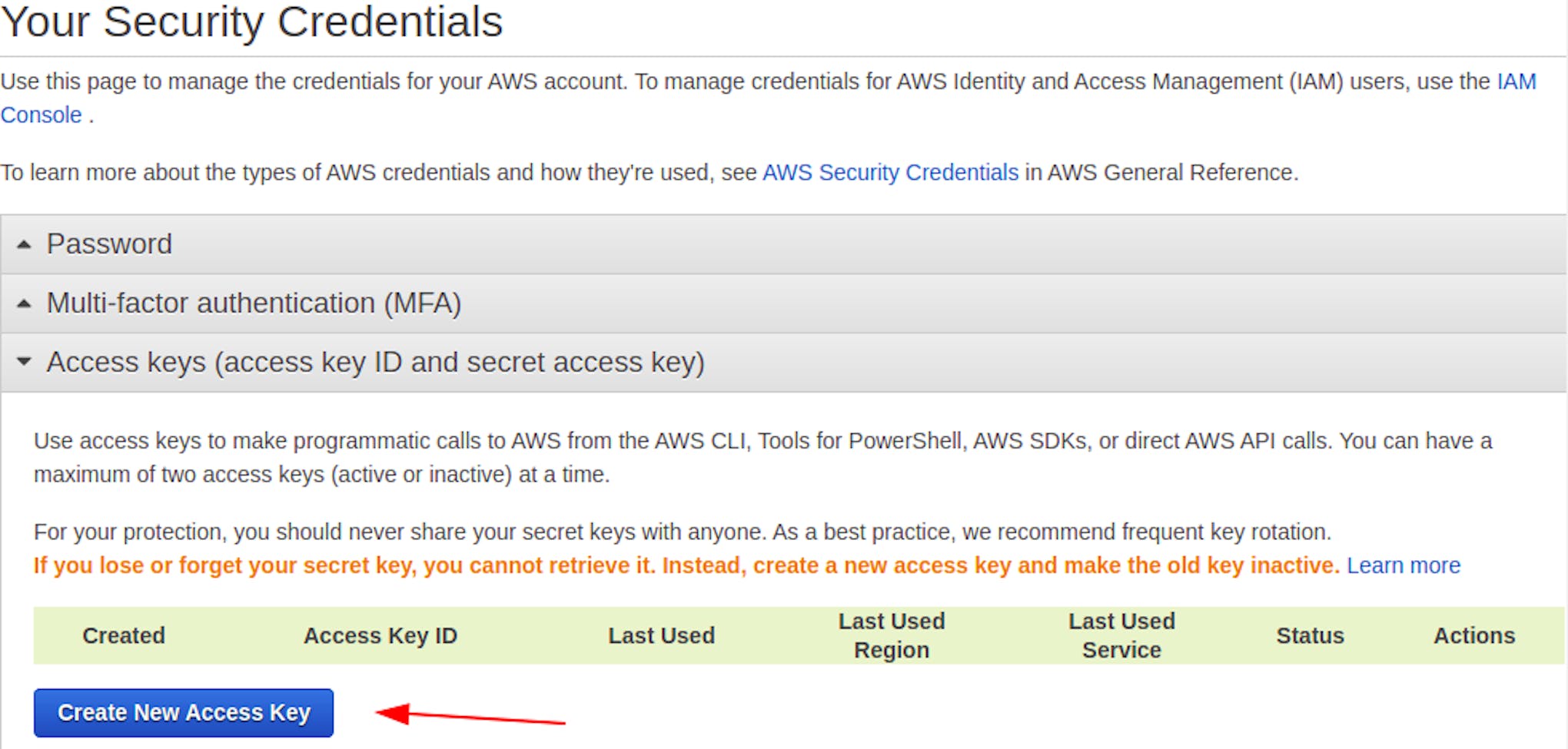 Amazon S3 Security Credentias Page.