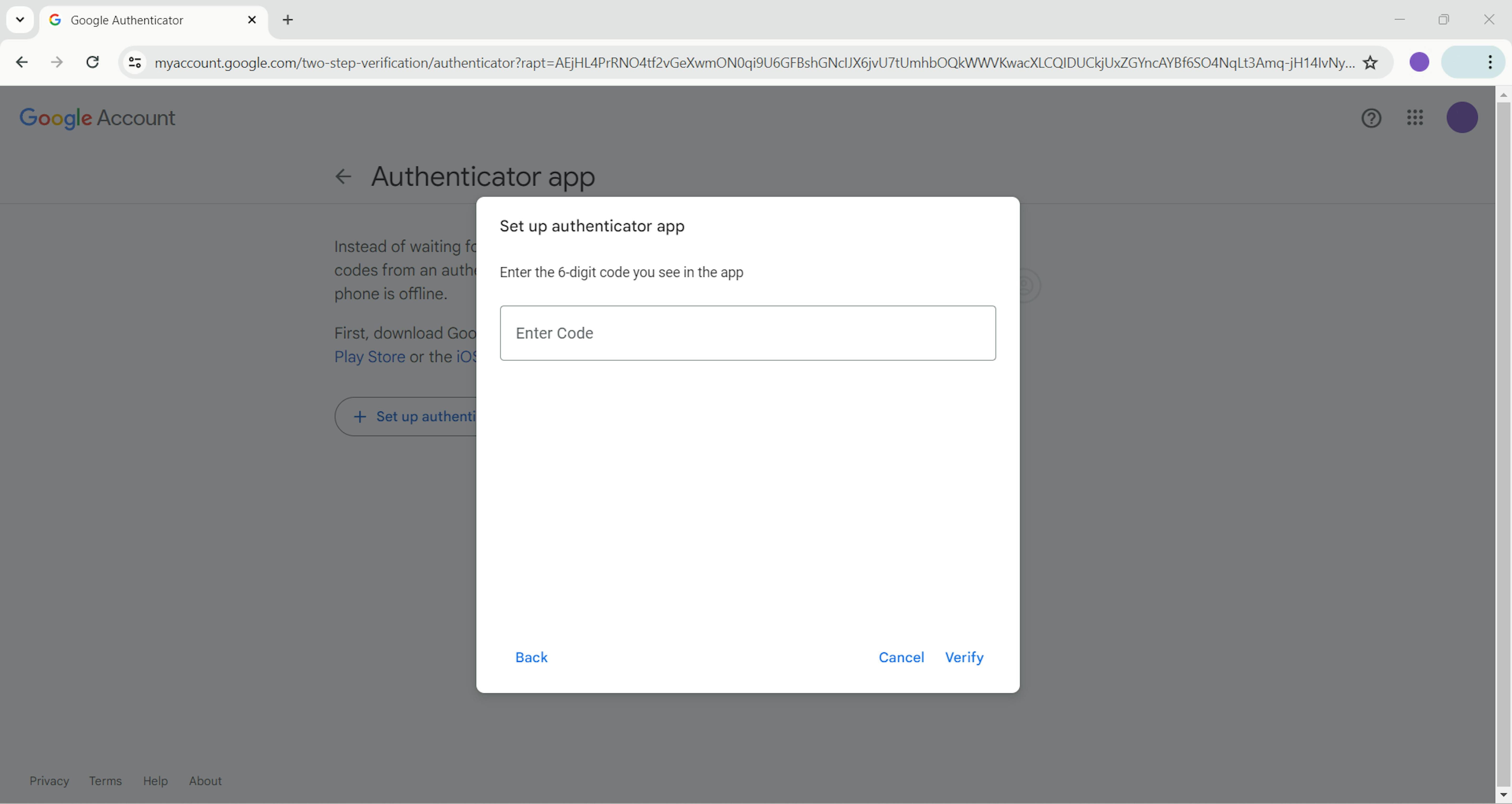 Authenticator app - Code entering.