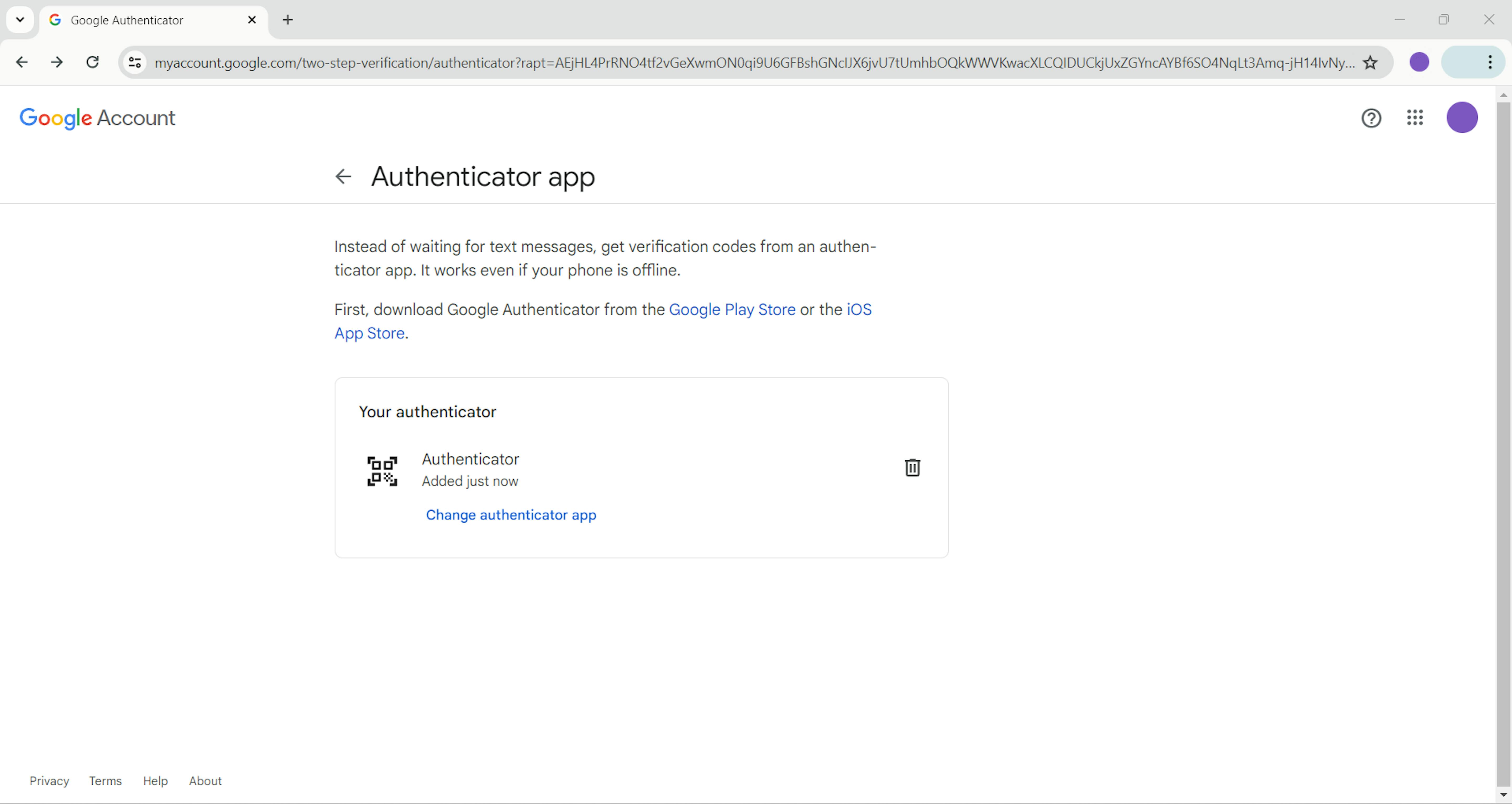 Google confirms that the authenticator was added to your account.