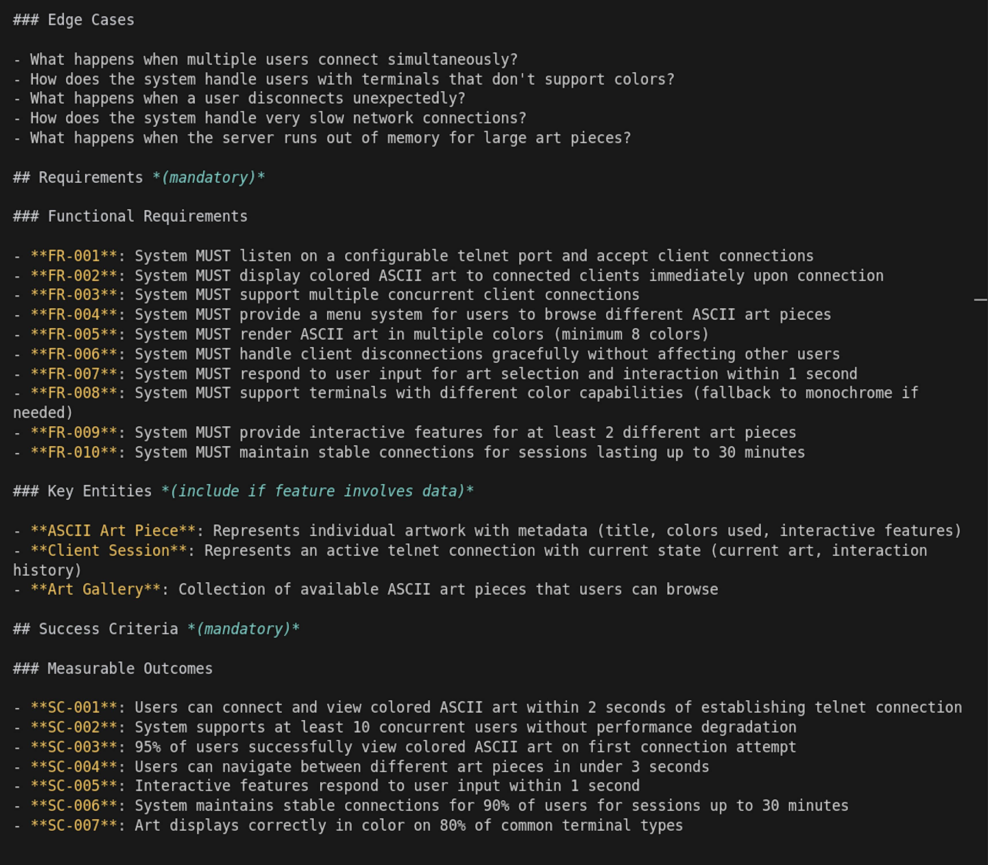 Edge cases, functional requirements, and acceptance criteria.
