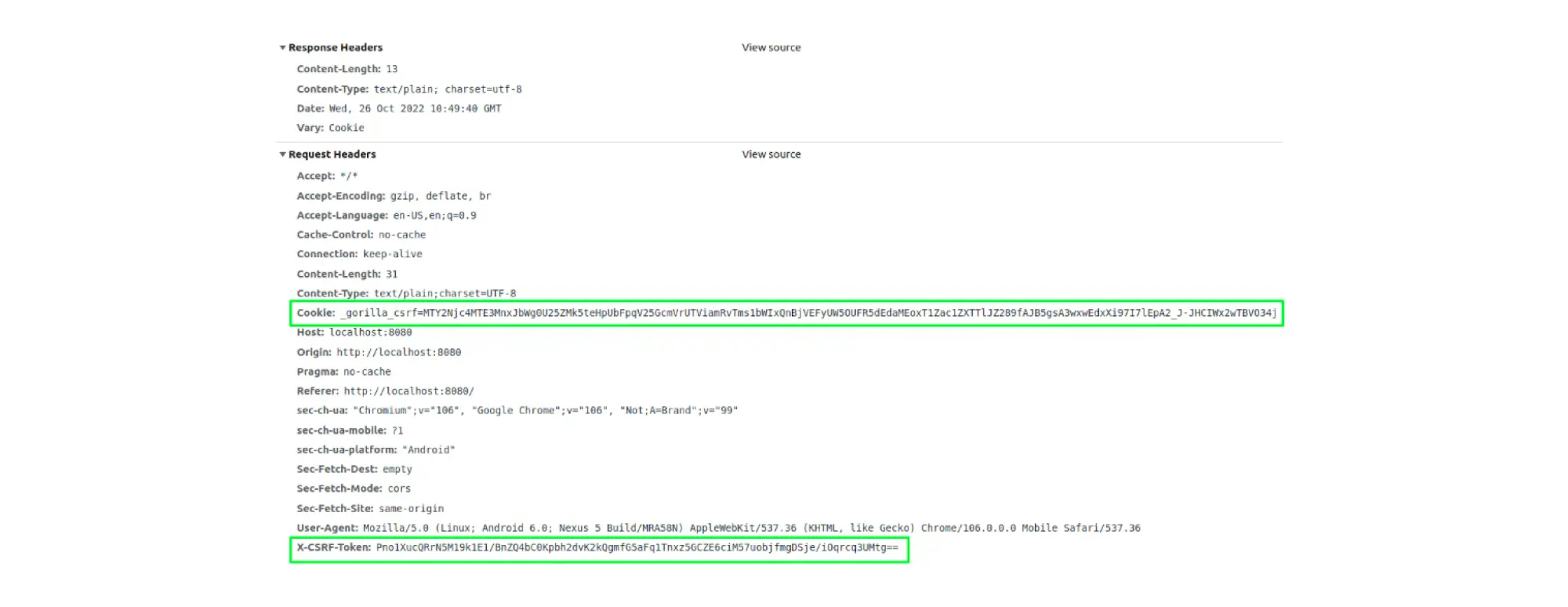 The client processes the response, receives the X-Csrf-Token header, and sends it on subsequent requests, for example, when changing mail: