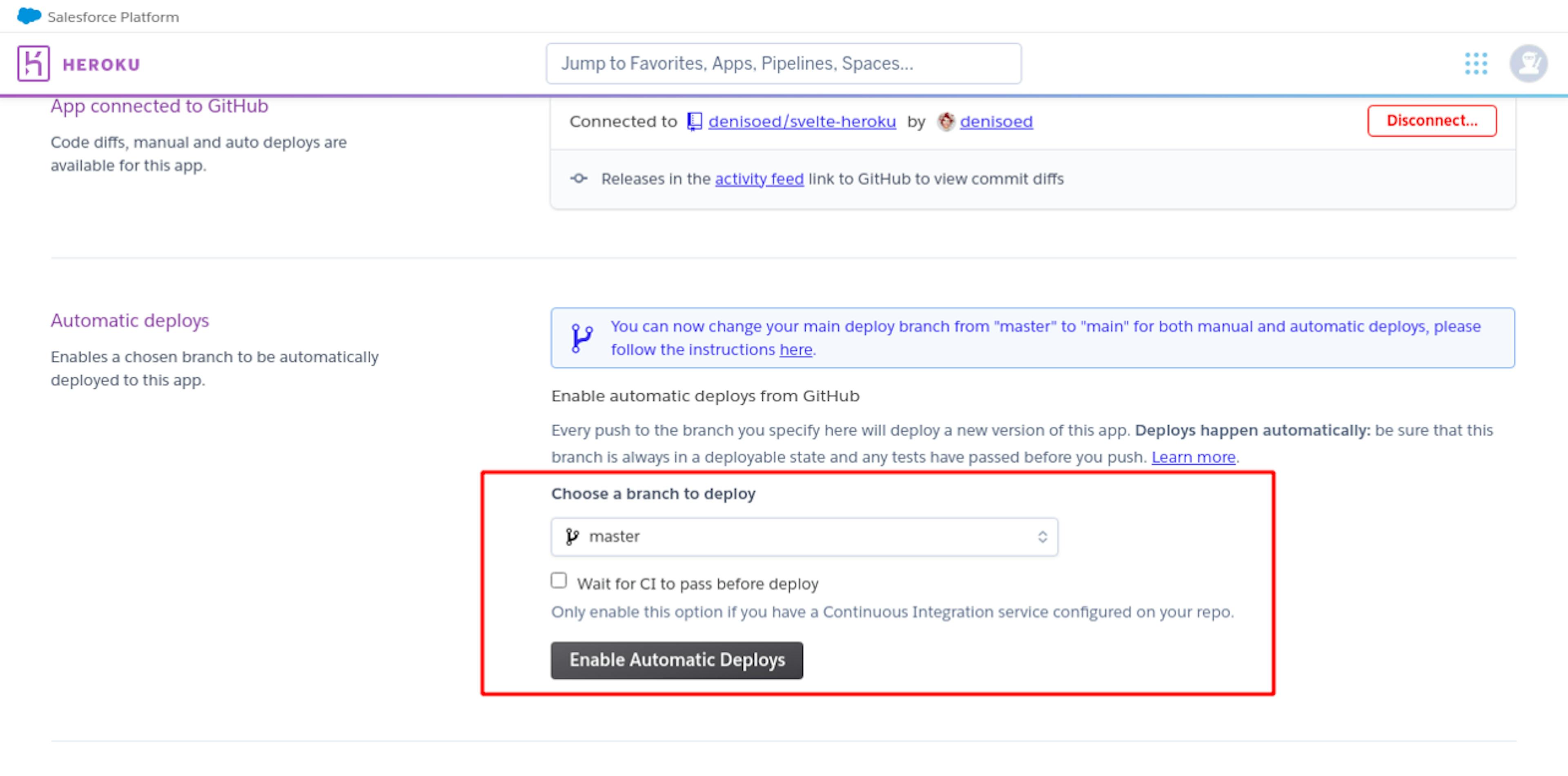 Choosing a Branch to Be Watched by Heroku.