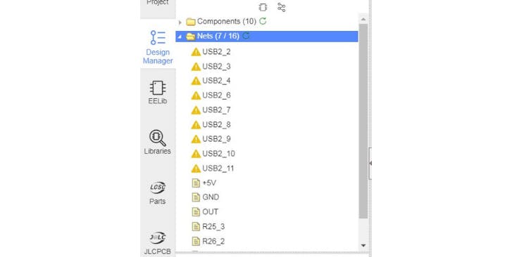 Nets Folder on the Design Manager Tab in EasyEDA.