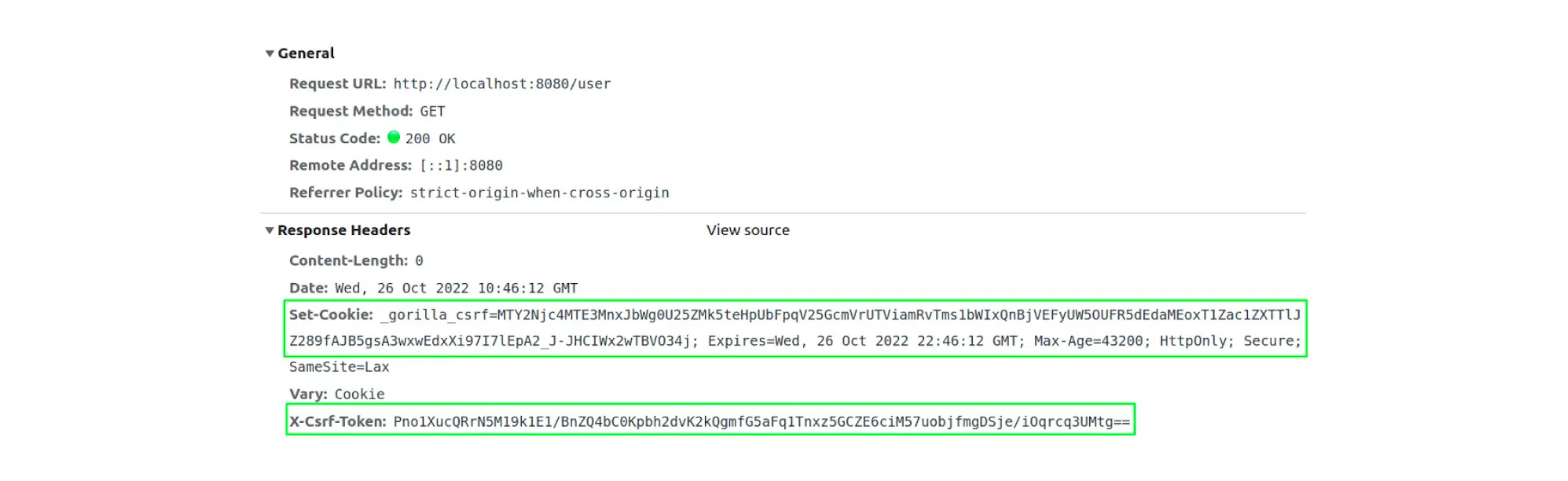 the __gorilla_csrf cookie and the custom X-Csrf-Token header