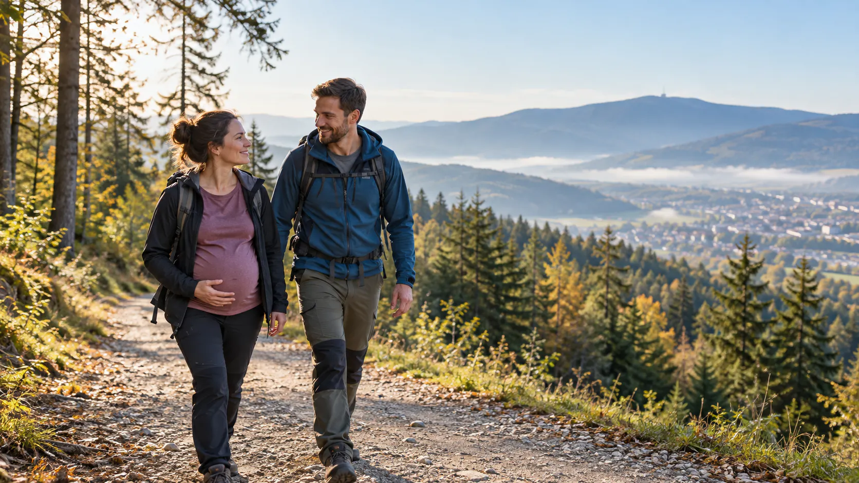 Ciężarna kobieta i partner idą spokojnie górskim szlakiem w Beskidach.