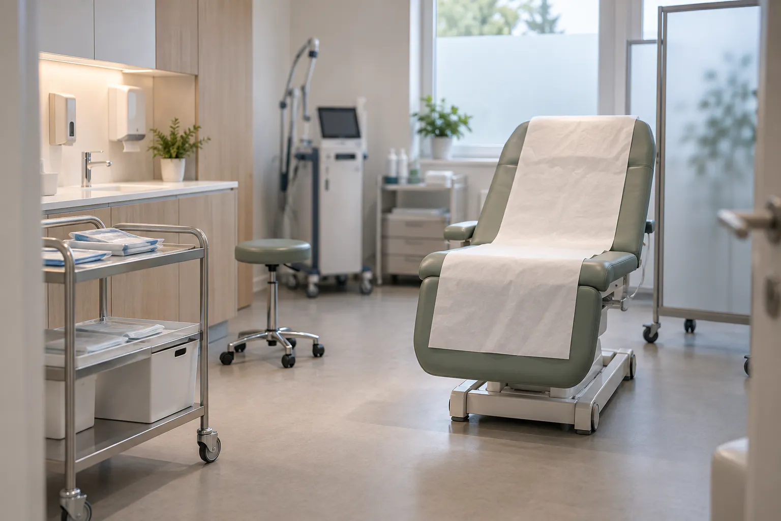 Przygotowany gabinet zabiegowy do ambulatoryjnego leczenia zmian szyjki macicy.