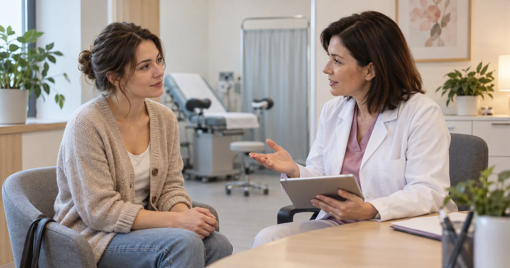 Ginekolożka omawia z pacjentką diagnostykę nadżerki szyjki macicy i możliwe metody postępowania.