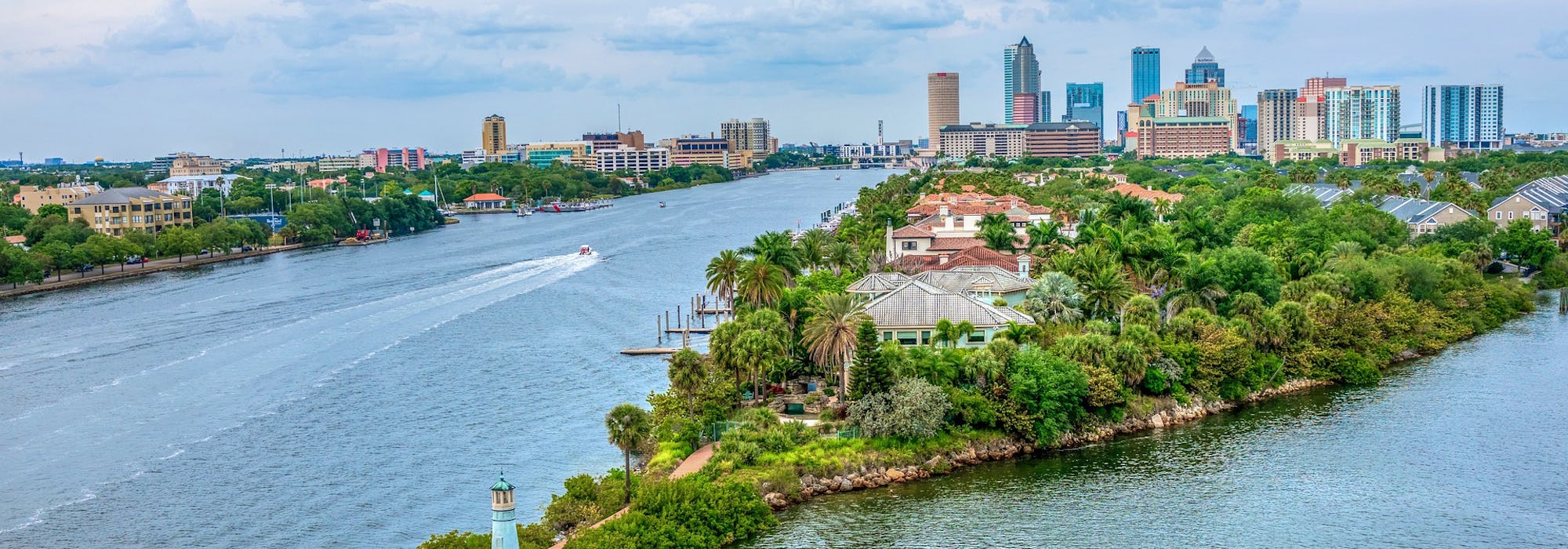 Bild på en halvö i Tampa med hus, palmer, vattnet och höghus i bakgrunden.