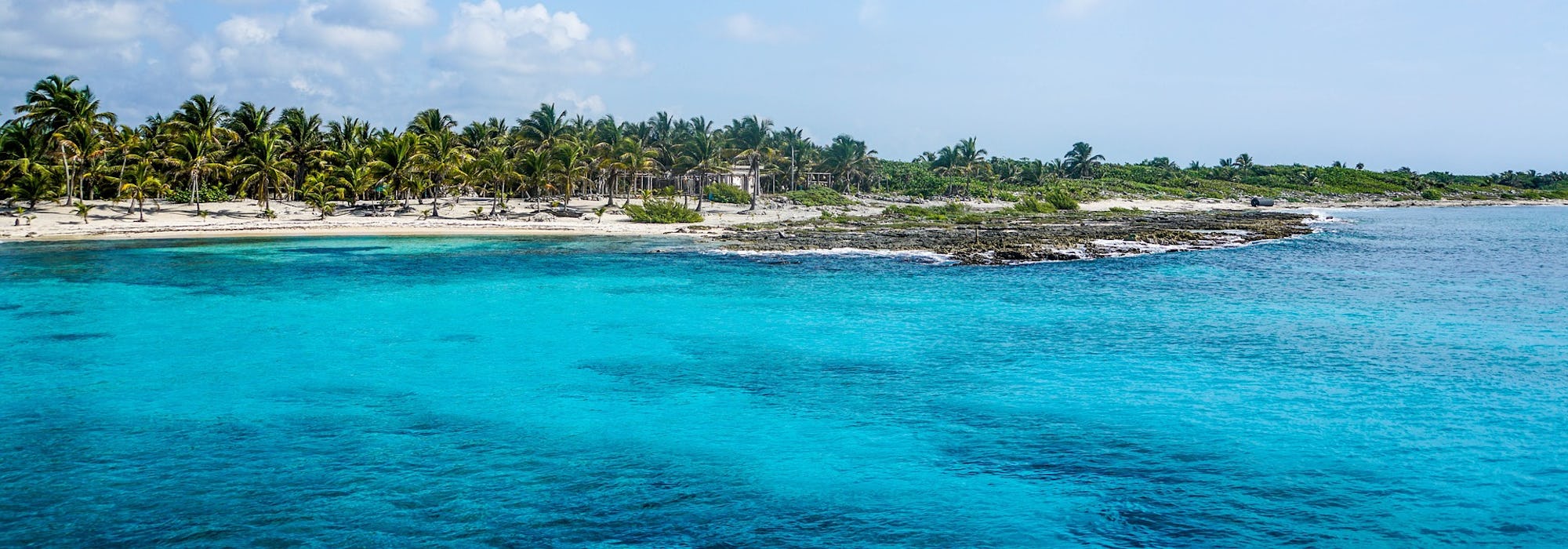 Vacker natur med ljusblått vatten och palmer på en strand i bakgrunden. 