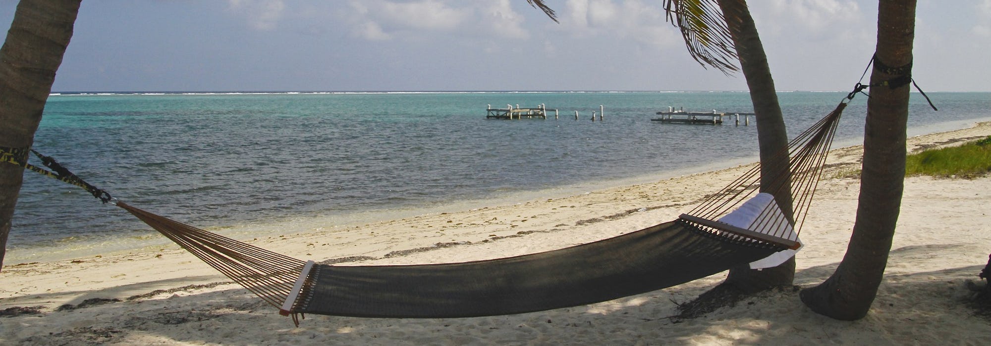 En hängmattan mellan två palmer på stranden med havet som sköljer in.