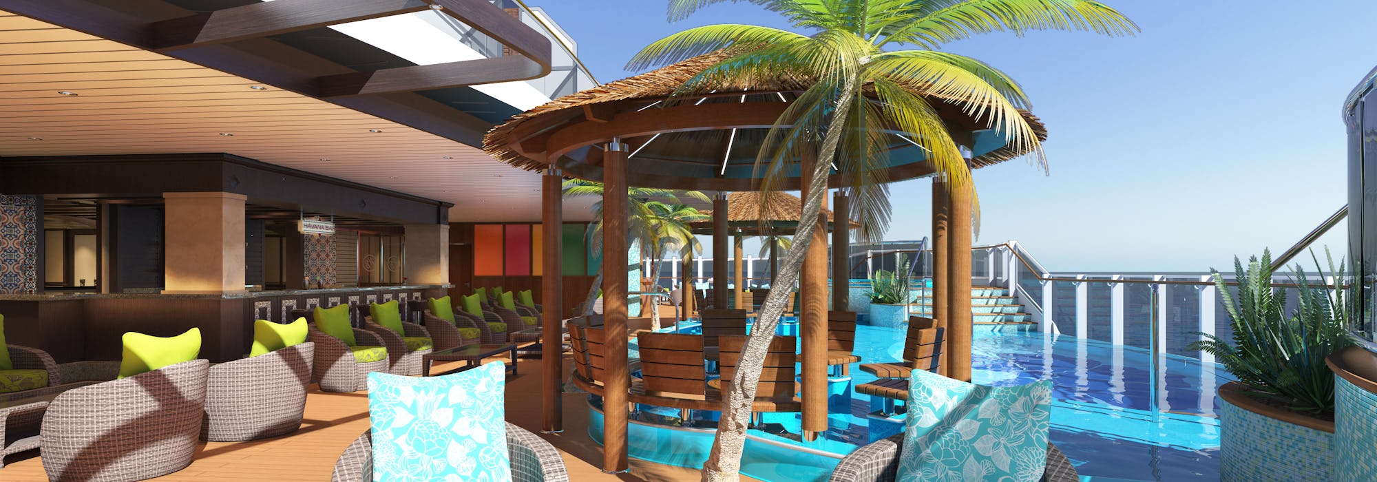 Bild på fartyget Carnival Horizon's pooldäck med palm, solstolar och en pool.