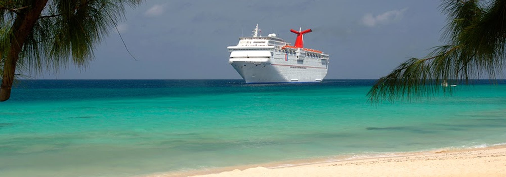 Bild tagen från stranden, mellan två gröna träd på fartyget Carnival Elation som kryssar fram i ljusgrönt vatten.