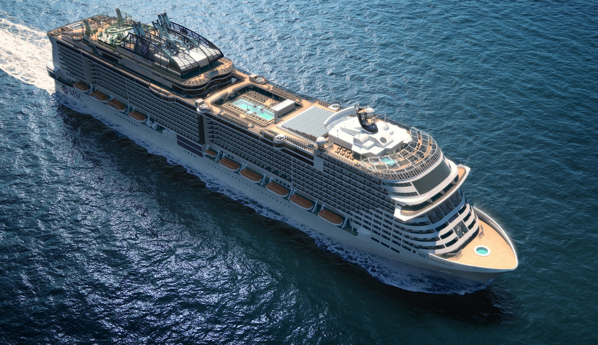 Bild snett ovanifrån på MSC Cruises nyste fartyg MSC Grandiosa.