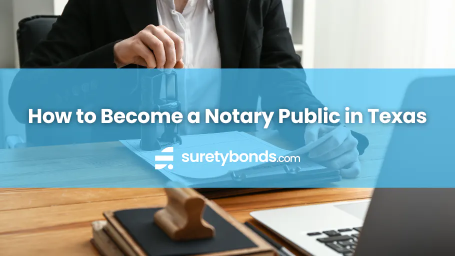 Hand stamping paper: "How to Become a Notary Public in Texas"