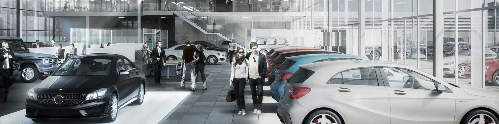 Customers walk through a vehicle dealership that has its California Auto Dealer License