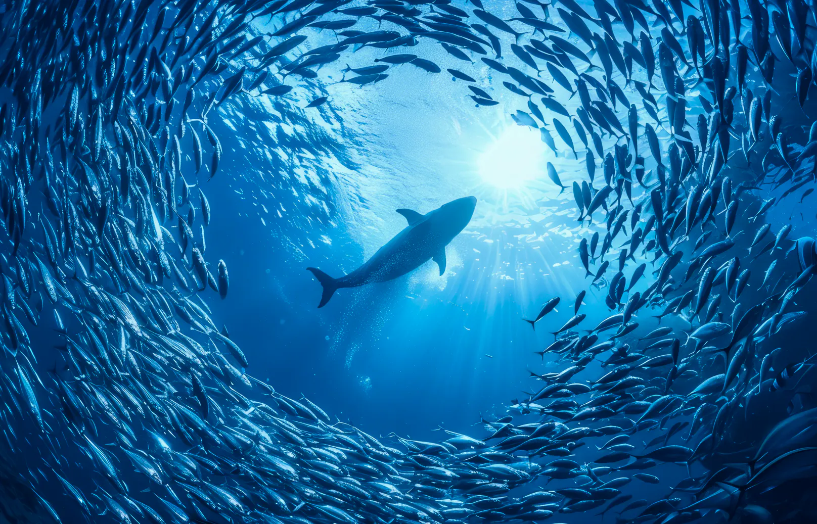 Shark surrounded by shoal of fish