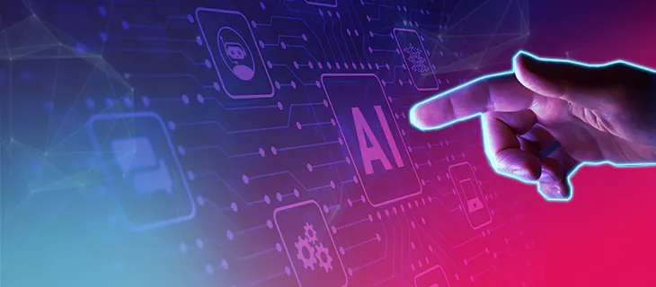 Mano señalando icono de inteligencia artificial en una pantalla