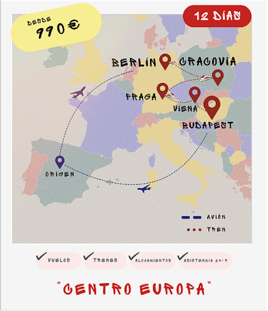 Mapa interrail Centro Europa: Berlín, Cracovia, Praga, Viena, Budapest desde 990€