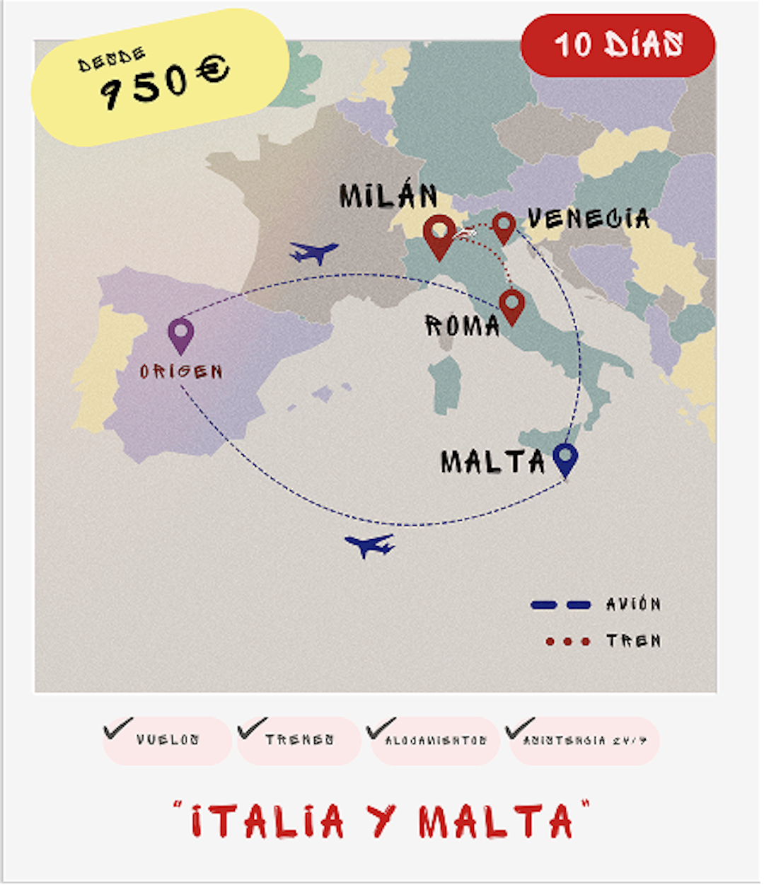 Ruta interrail mediterránea: Roma, Milán, Venecia y Malta en 11 días desde 950€