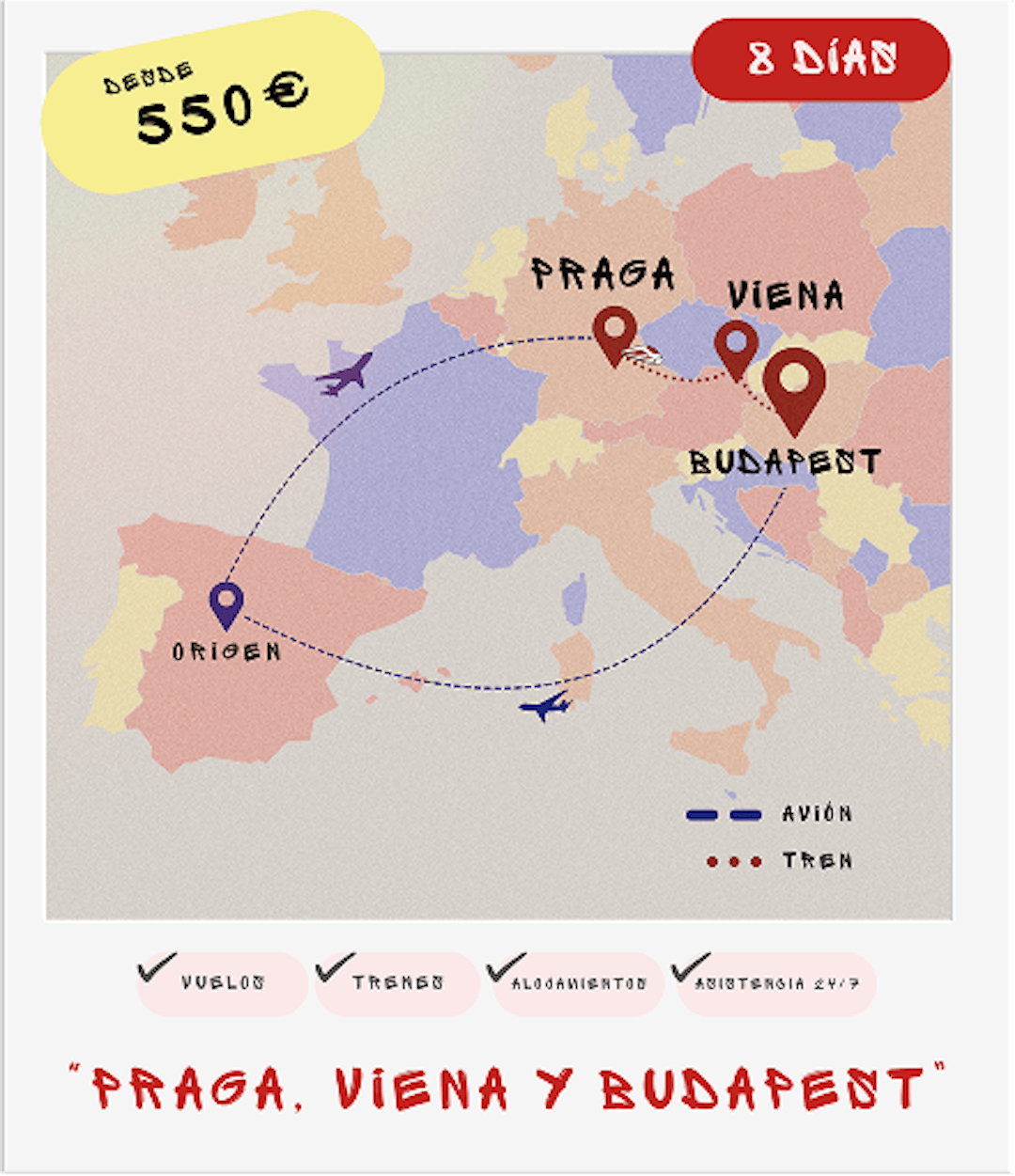 Mapa interrail ciudades imperiales: Praga, Viena y Budapest en 8 días desde 550€