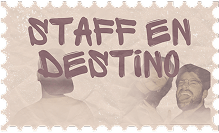 Un sticker donde pone la palabra "Staff en destino" con un staff de survivors dentro de el en una ilustración