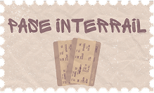 Un sticker donde pone la palabra "Pase interrail" con un pase de interrail dentro de el en una ilustración