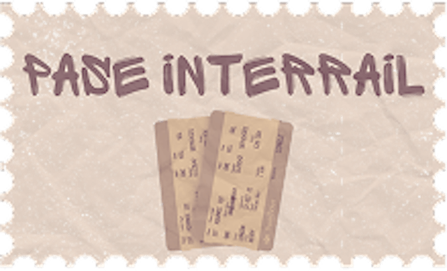 Un sticker donde pone la palabra "Pase interrail" con un pase de interrail dentro de el en una ilustración