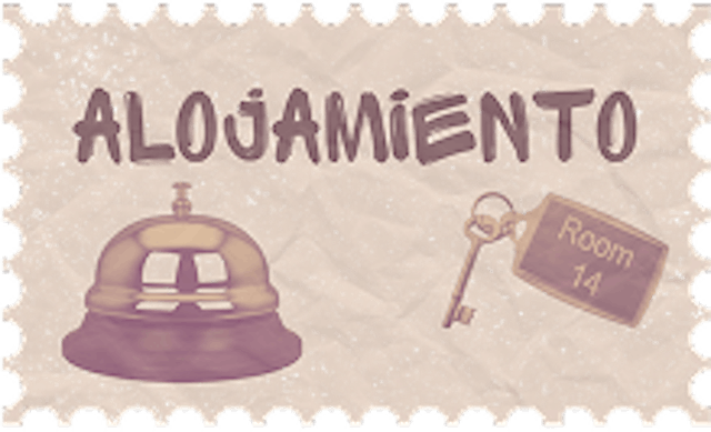 Un sticker donde pone la palabra "Alojamiento" con una campana y unas llaves dentro de el en una ilustración