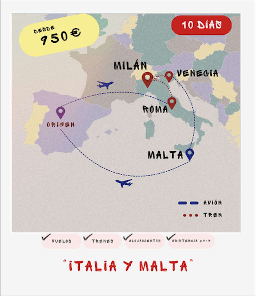 Mapa interrail 10 días: Poma, Mílan, Venecia y Malta desde 950€