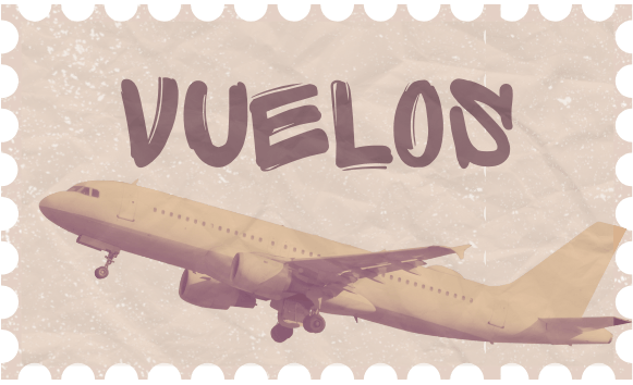 Un sticker donde pone la palabra "Vuelos" con una avión dentro de el en una ilustración