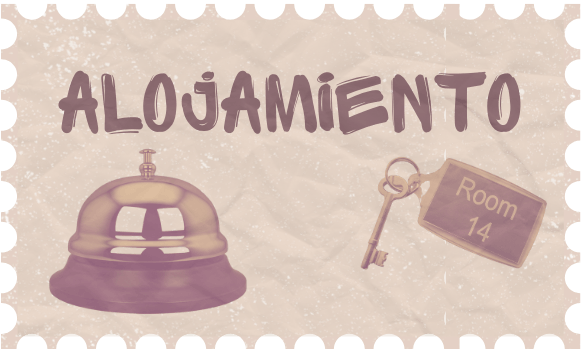 Un sticker donde pone la palabra "Alojamiento" con una campana y unas llaves dentro de el en una ilustración