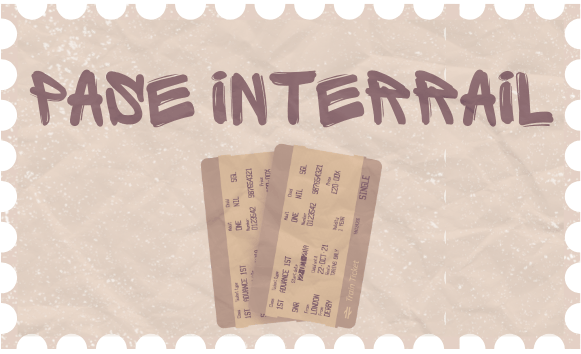 Un sticker donde pone la palabra "Pase interrail" con un pase de interrail dentro de el en una ilustración