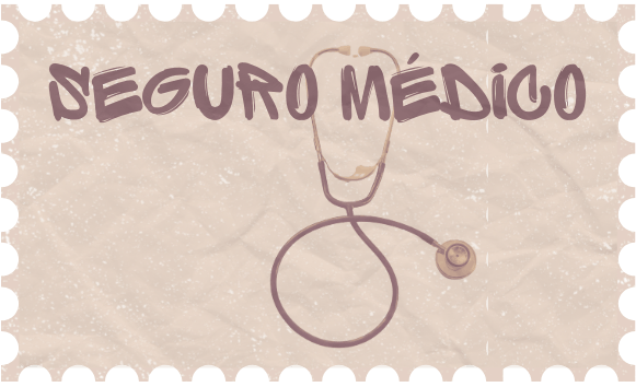 Un sticker donde pone la palabra "Seguro médico" con una estetoscopio dentro de el en una ilustración