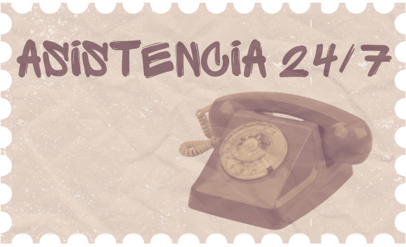 Un sticker donde pone la palabra "Asistencia 24/7" con una telefono dentro de el en una ilustración