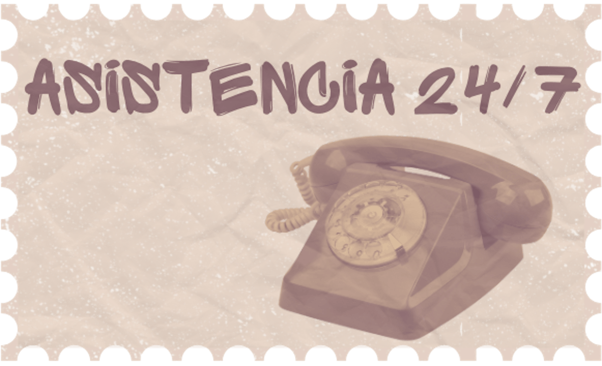 Un sticker donde pone la palabra "Asistencia 24/7" con una telefono dentro de el en una ilustración