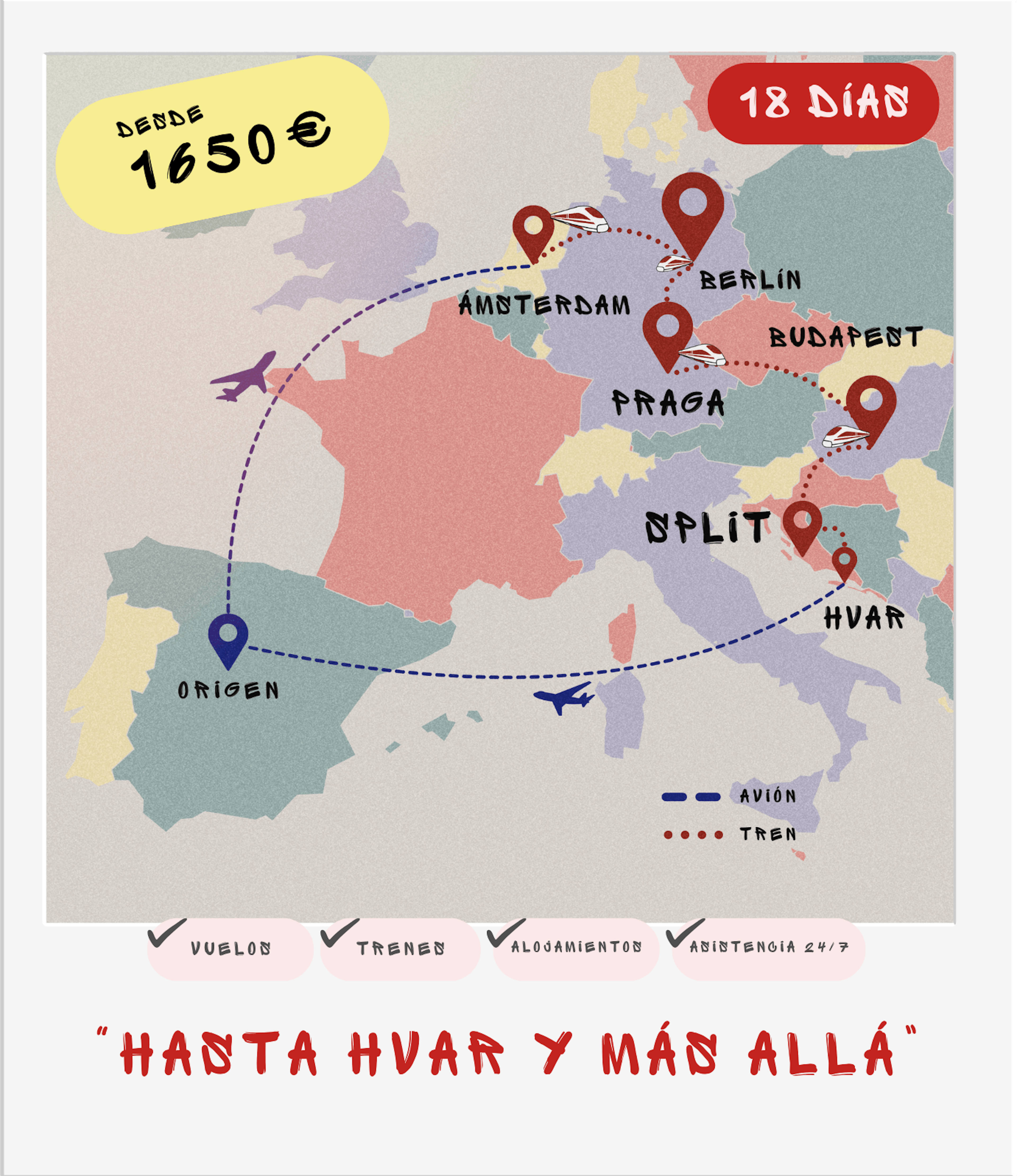 Mapa interrail 16 días: Ámsterdam, Berlín, Praga, Budapest, Split y Hvar desde 1650€