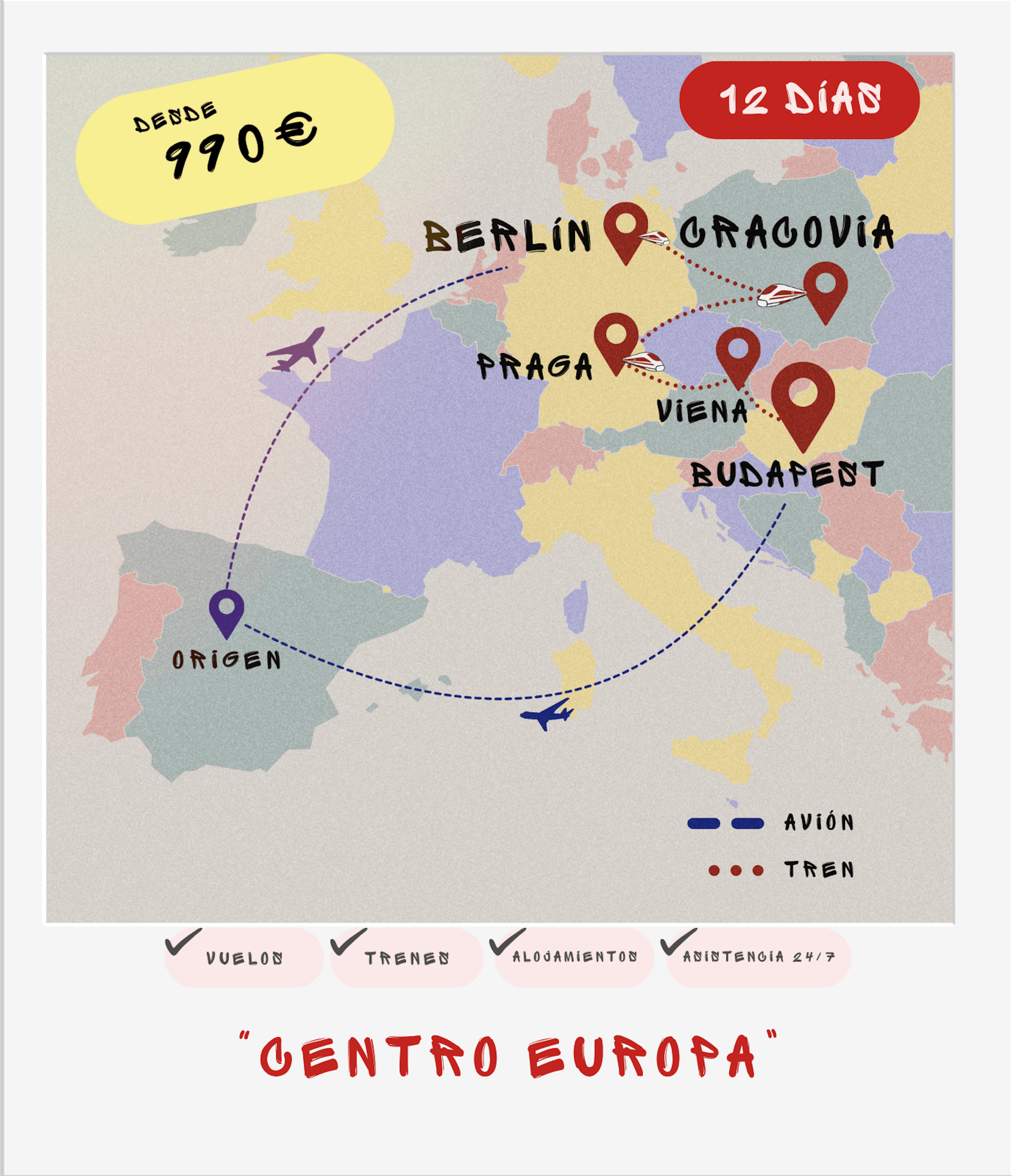Mapa interrail Centro Europa: Berlín, Cracovia, Praga, Viena, Budapest desde 990€
