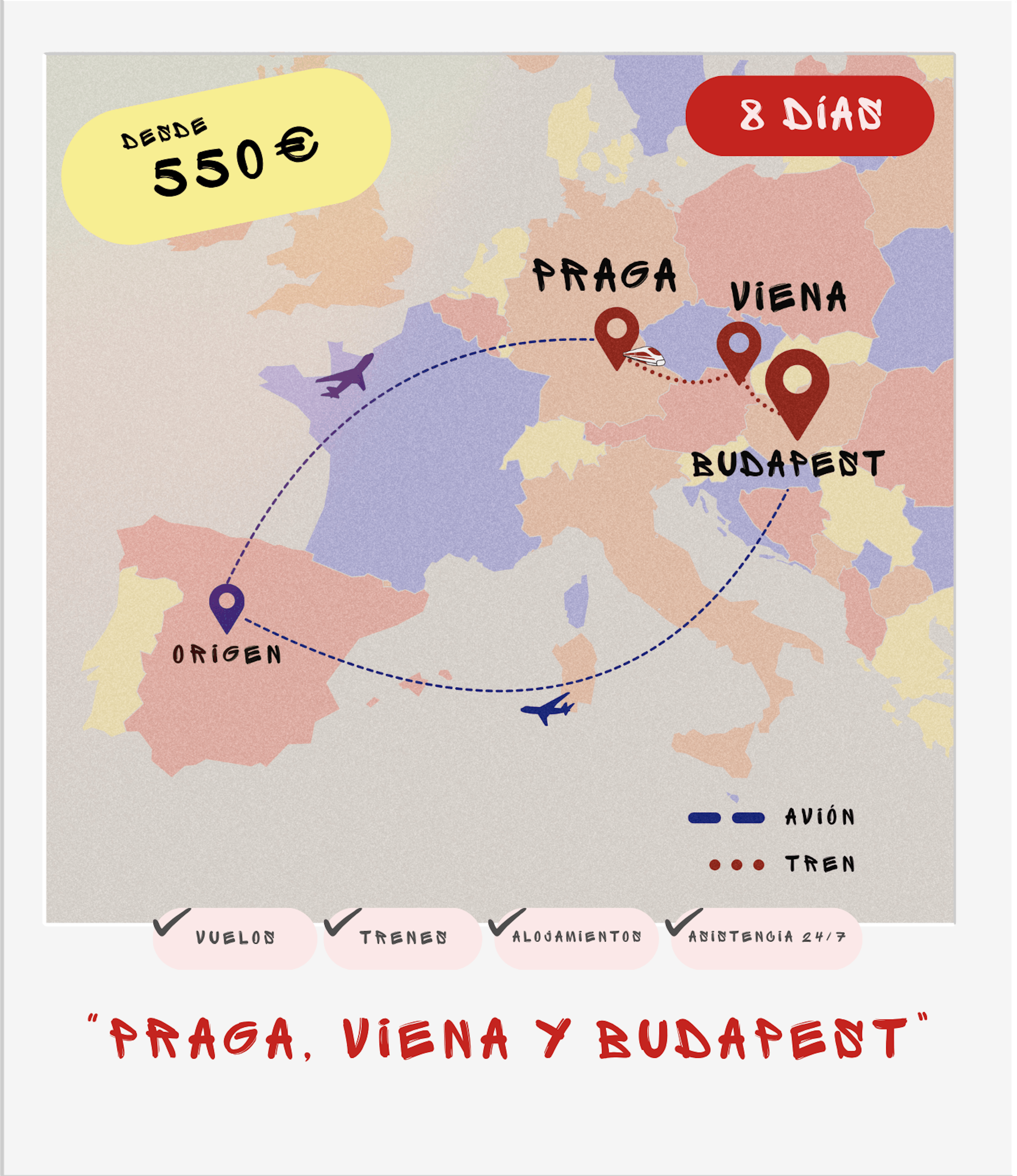 Mapa interrail ciudades imperiales: Praga, Viena y Budapest en 8 días desde 550€