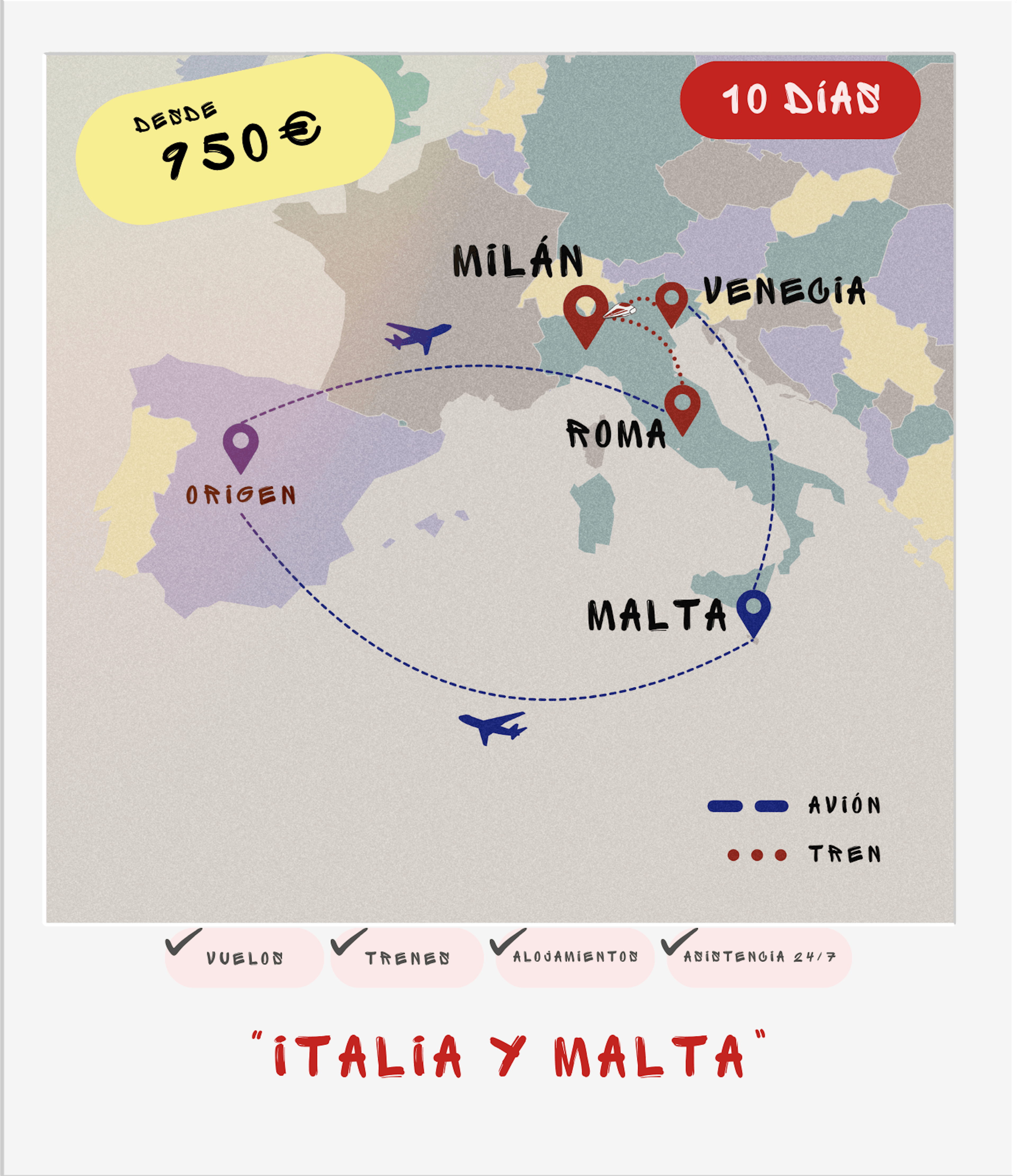 Ruta interrail mediterránea: Roma, Milán, Venecia y Malta en 11 días desde 950€