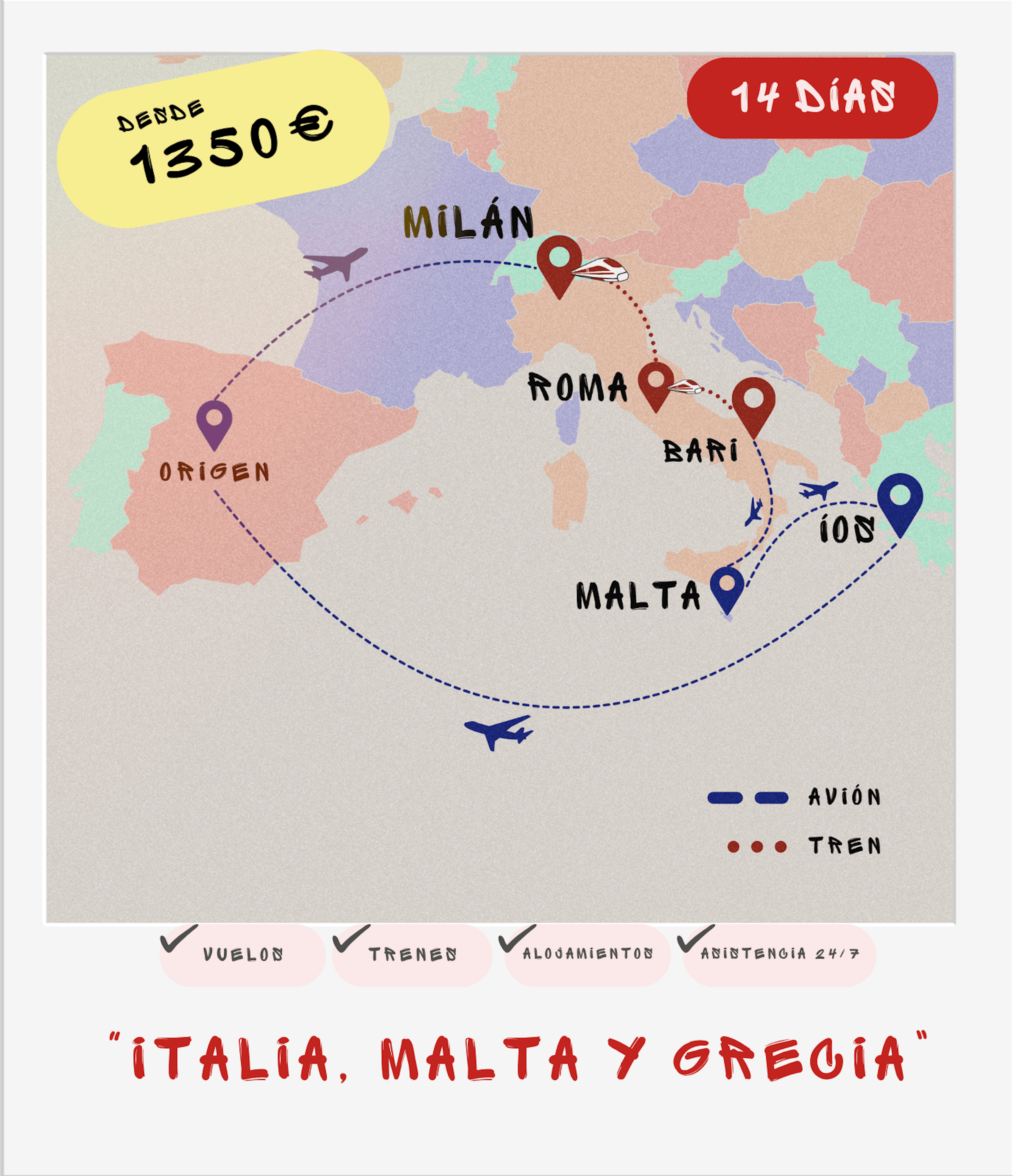 Interrail por el Mediterráneo: Italia, Malta e Íos en 14 días desde 1350€