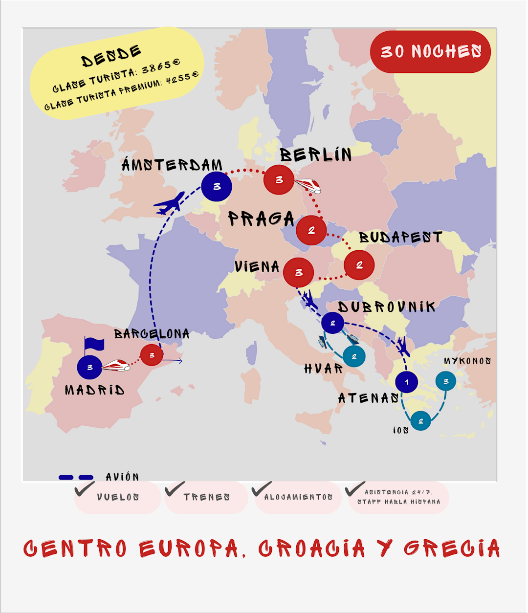 Mapa ruta interrail 30 noches: Madrid, Barcelona, Ámsterdam, Berlín, Praga, Budapest, Viena, Hvar, Dubrovnik, Athenas, Íos y Mykonos desde 3865€