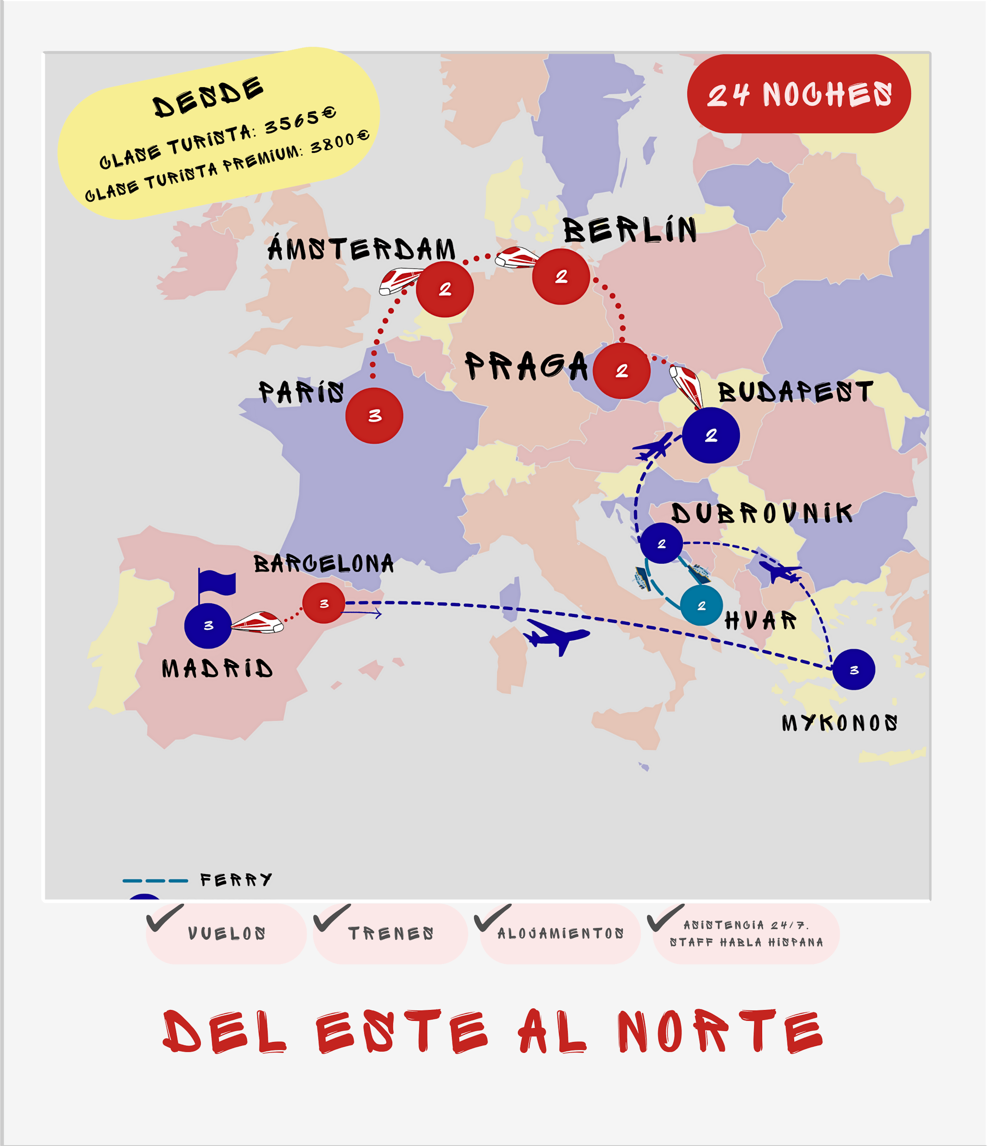 Mapa ruta interrail 24 noches: Madrid, Barcelona, Mykonos, Dubrovnik, Hvar, Budapest, Praga, Berlín, Ámsterdam y París desde 3565€