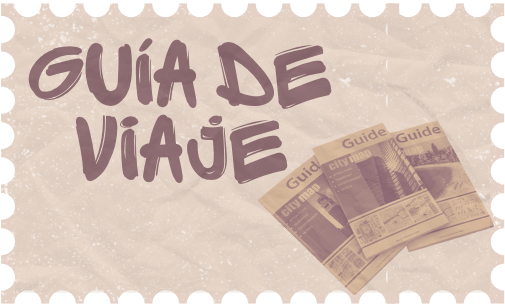 Un sticker donde pone la palabra "Guía de viaje" con unas libros dentro de el en una ilustración