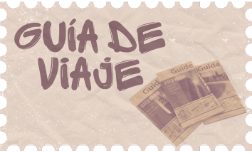 Un sticker donde pone la palabra "Guía de viaje" con unas libros dentro de el en una ilustración