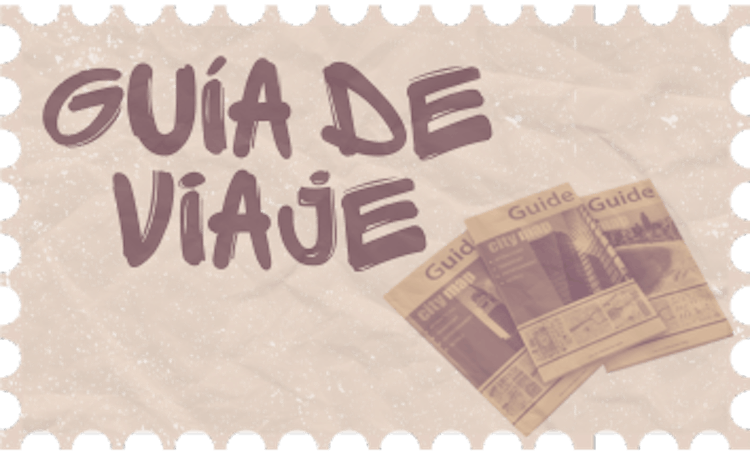 Un sticker donde pone la palabra "Guía de viaje" con unas libros dentro de el en una ilustración