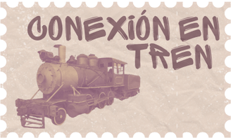 Un sticker donde pone la palabra "Conexión en tren" con un tren dentro de una ilustración