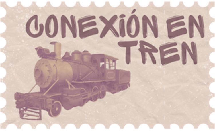 Un sticker donde pone la palabra "Conexión en tren" con un tren dentro de una ilustración