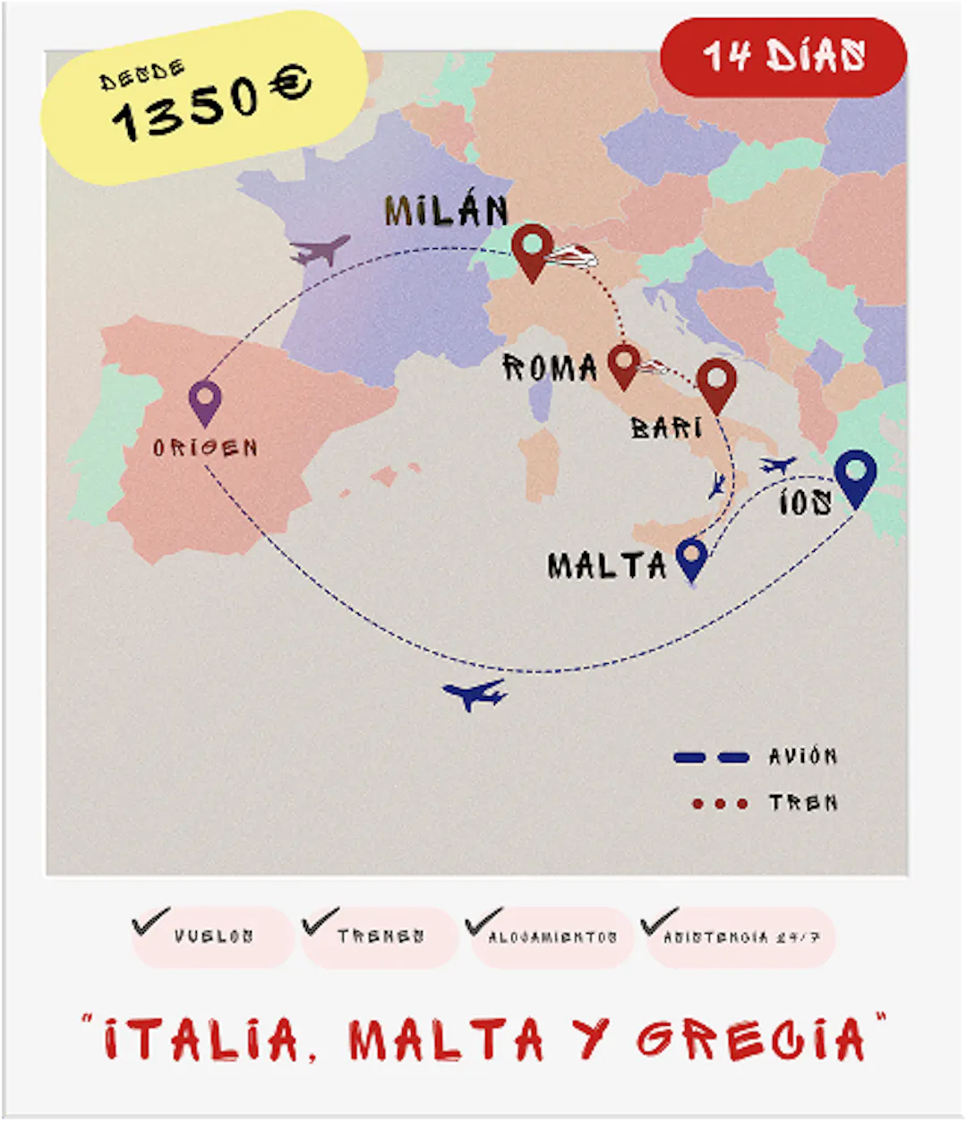 Interrail por el Mediterráneo: Italia, Malta e Íos en 14 días desde 1350€